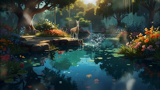 a Beautiful digital painting of flowing water with willow trees and beautiful flowers. Seamless looping 4k video animation
