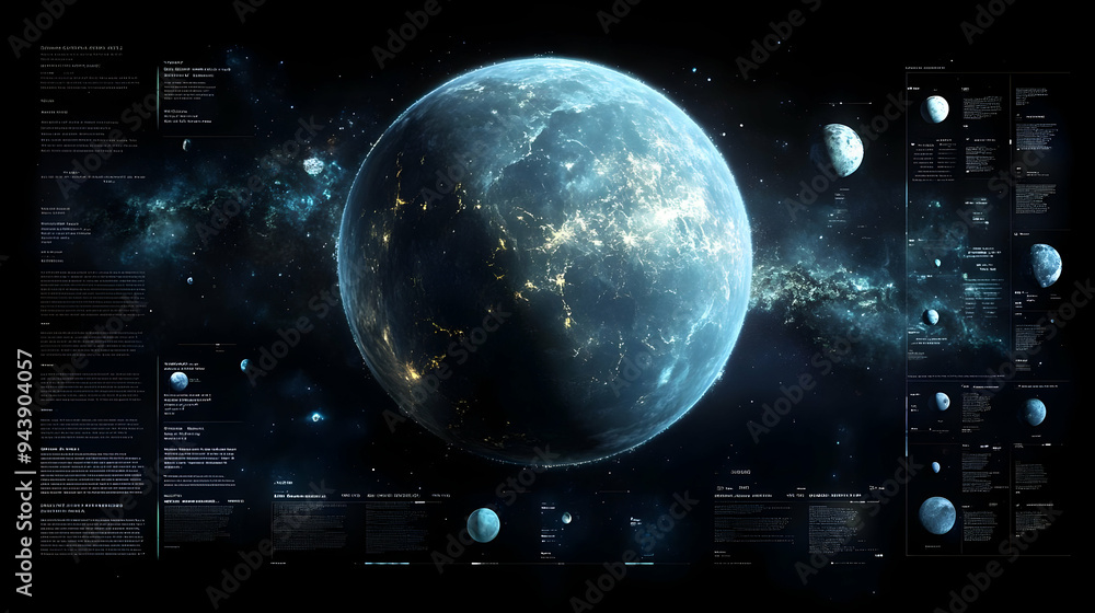 Poster futuristic view of a planet with moons and a detailed ui of a futuristic space probe's data about th
