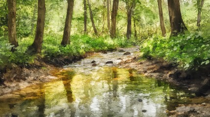 Quiet forest stream, promoting mental clarity, ecoconscious setting, Watercolor style