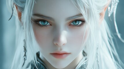 Fototapeta premium Character of a woman with white hair and close up beautiful face beautiful eyes background wallpaper AI generated image