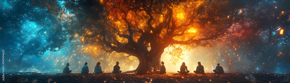 Aufkleber people with glowing trees and joyful expressions concept as a group of people sitting under glowing 