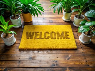 A bright yellow doormat with bold white text 'Welcome' on a natural wood floor, surrounded by lush green plants, conveying a sense of warm hospitality.