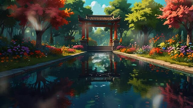 a Beautiful digital painting of flowing water with willow trees and beautiful flowers. Seamless looping 4k video animation