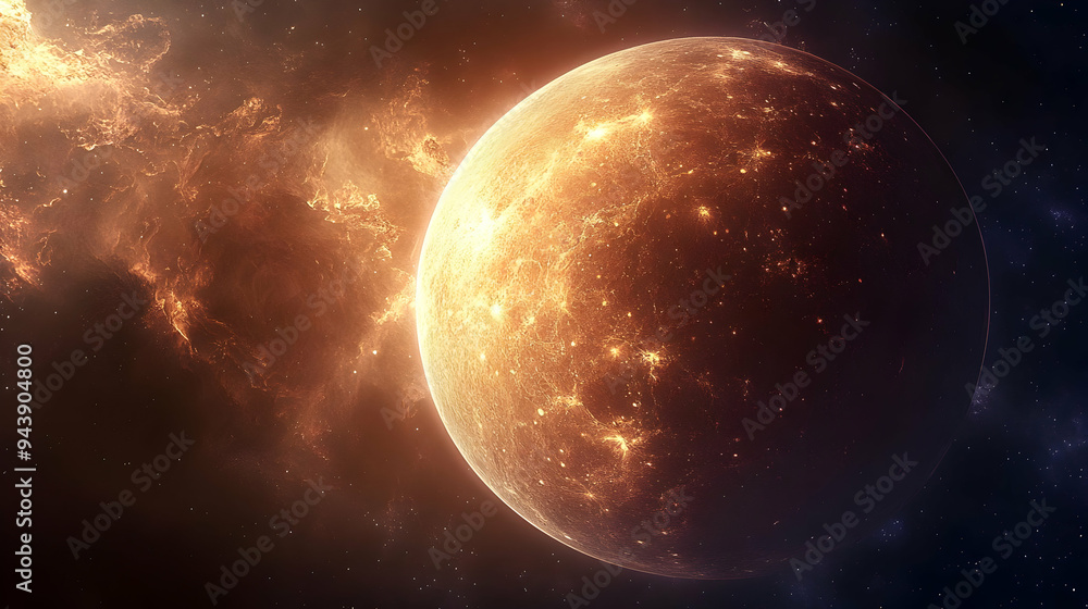 Poster glowing planet in space with a nebula in the background.