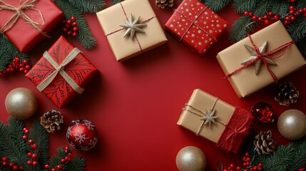 Decorative Christmas gifts arranged beautifully with festive elements on a red background
