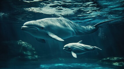 Fototapeta premium A type of beluga whale or Latin name Delphinapterus leucas with its calf which is threatened with extinction background wallpaper AI generated image