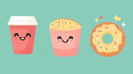 This artwork showcases adorable food icons, including a joyful coffee cup, a cheerful snack container, and a colorful donut, all smiling