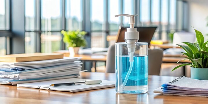 A clear plastic dispenser filled with gel stands on a cluttered modern office desk, amidst papers and pens, promoting cleanliness and hygiene in the workspace.