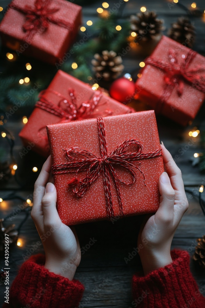 Canvas Prints Hands holding a red Christmas gift surrounded by decorated presents on a wooden table