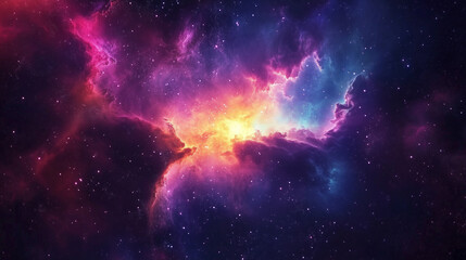 Naklejka premium Kolorowa mgławica w kosmosie maluje niebo w odcieniach czerwieni, fioletu i błękitu, tworząc spektakularny widok na galaktyczne obłoki. 