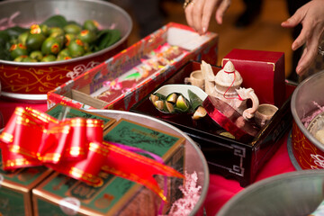 Close-up of gifts for traditonal chinese tea ceremony, Wedding Reception, Ontario, Canada