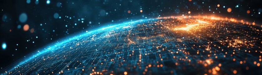 Futuristic digital earth with glowing connections representing global network and technology. Ideal for tech themes.