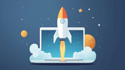 Obraz premium Rakieta kosmiczna startuje z ekranu laptopa, który jest umieszczony na biurku.