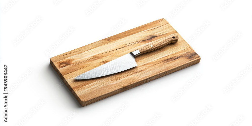 Poster a 3d simple style icon of a wooden cutting board with a sharp chef knife resting on top isolated aga