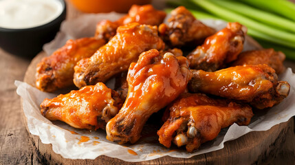 Delicious buffalo chicken wings served on a wooden platter with celery and a side of creamy dip, perfect for gatherings.