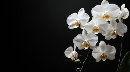White orchids against a rich midnight black background, with clean lines and ample space for copy