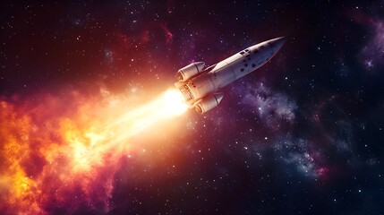 Fototapeta premium A powerful rocket streaks through the dark expanse of space, its engines burning intensely as it accelerates to maximum speed.Ai generated