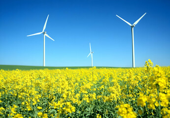 Vibrant landscape featuring wind turbines surrounded by a field of bright yellow flowers under a clear blue sky.