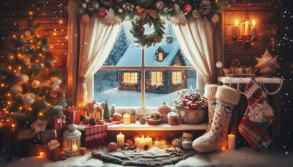 View from a window decorated for Christmas, Christmas atmosphere