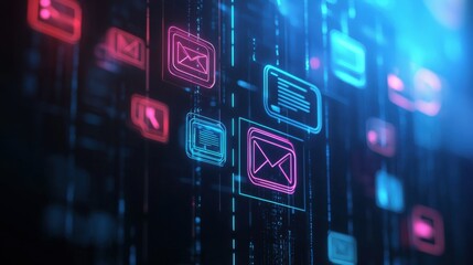 Neon Email and Document Icons on Abstract Digital Background