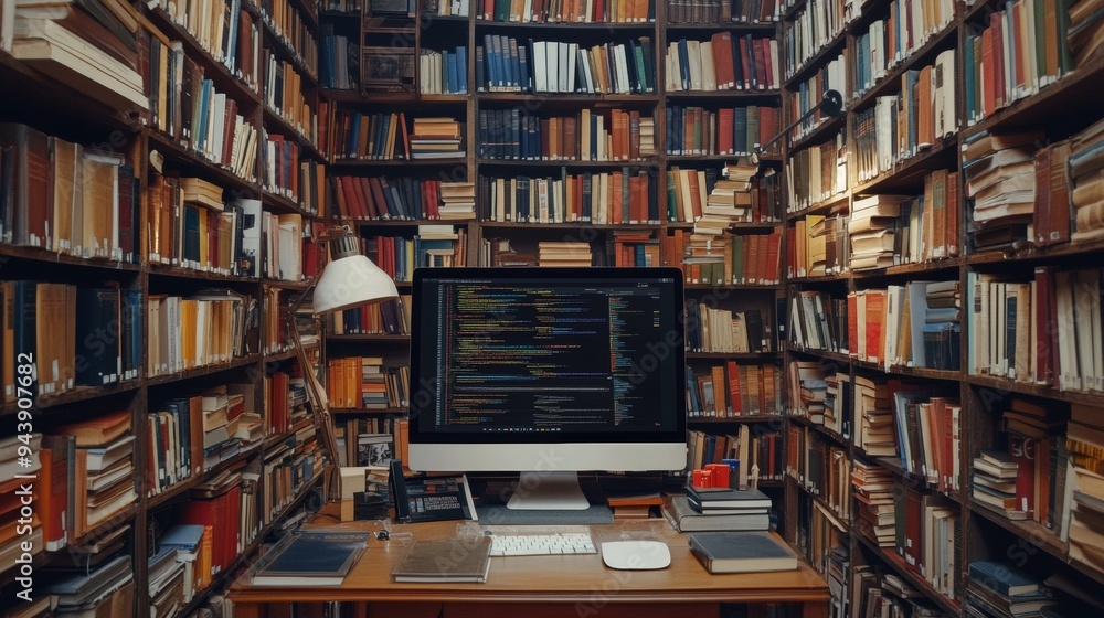 Aufkleber digital library inside a computer. symbolizing the boundless potential of online learning
