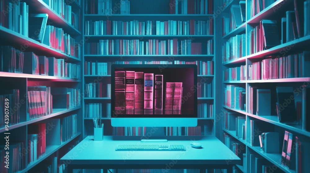 Aufkleber digital library inside a computer. symbolizing the boundless potential of online learning
