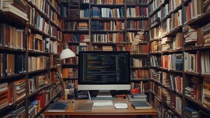 Fototapeta premium Digital Library Inside a Computer. Symbolizing the Boundless Potential of Online Learning