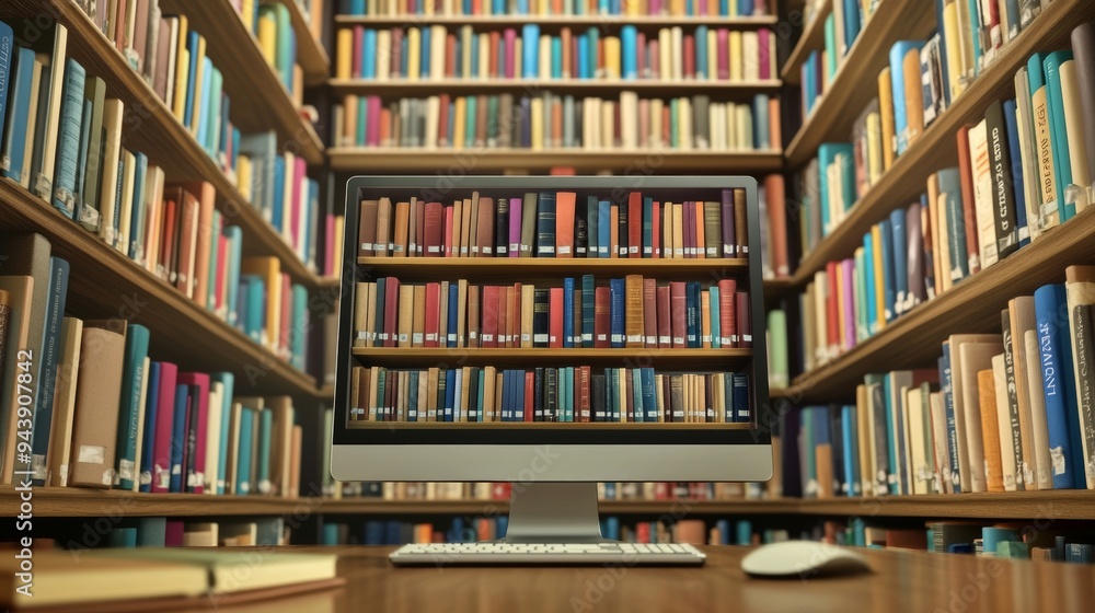 Aufkleber digital library inside a computer. symbolizing the boundless potential of online learning
