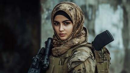 Fototapeta premium Muslim female special forces soldier in full costume background wallpaper AI generated image