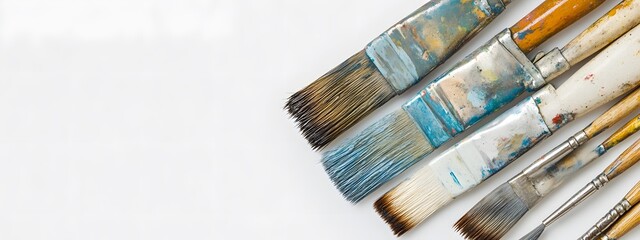 A collection of old paintbrushes on a white background, viewed from above. A creative and artistic concept featuring numerous colorful artist's brushes