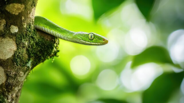 A wild green tree snake was coiled around a forest tree trunk background wallpaper AI generated image