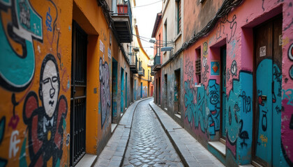 Fototapeta premium Favela graffiti on the walls of a narrow alley