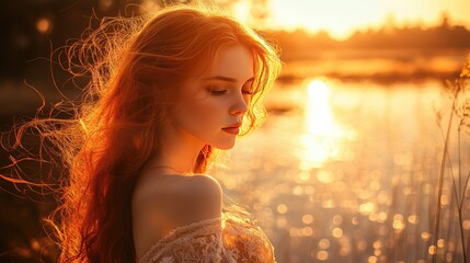 Naklejka premium Redheaded woman in a dress, bathed in the golden light of sunset by a tranquil lake, captured in an intimate, close-up portrait.