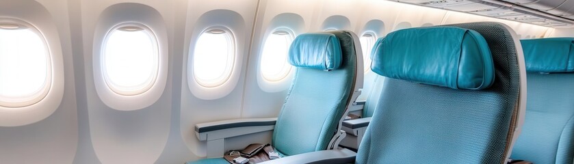 A quiet airplane cabin as passengers prepare for takeoff, serene atmosphere before the journey, Passenger Room, Pre-Flight Calm