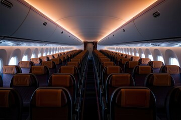 Fototapeta premium Abstract view of an airplane cabin from the back, rows of seats aligned perfectly under soft lighting, Passenger Room, Symmetry and Order