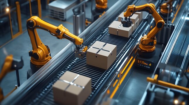 A high-tech factory floor with robotic arms neatly arranged, carrying out precise cardboard packaging in an industrial setting. The scene is captured from above, showcasing the advanced technology