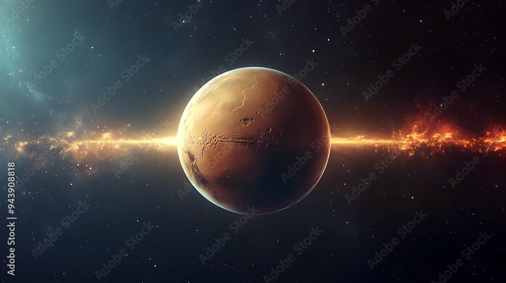 Poster mars planet with glowing galaxy behind it.