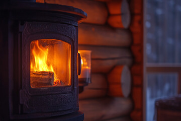A wood burning stove with a fire in it