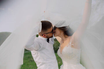 A bride and groom are kissing under a white veil