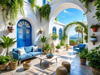 Obraz premium Coastal Mediterranean Oasis: Whitewashed walls, blue accents, arched windows, lush plants, airy ambiance