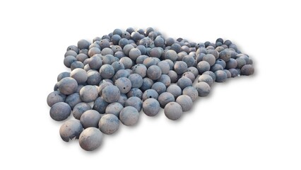 Photo depicting a group of ancient cannonballs, showcasing their weathered surfaces, isolated on white background.
