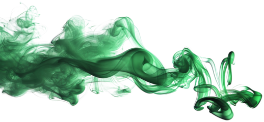 Flowing green smoke swirls across a bright white background in an artistic display