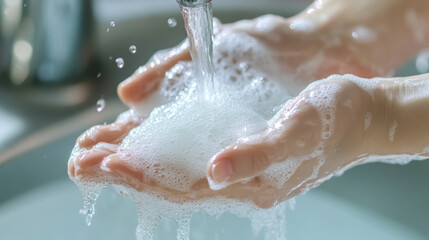 Fototapeta premium close-up of hands washing with soap and water for hygiene and health