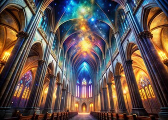 Fototapeta premium Cosmic Cathedral Wonder: Celestial bodies, interstellar colors, ethereal architecture, awe-inspiring grandeur