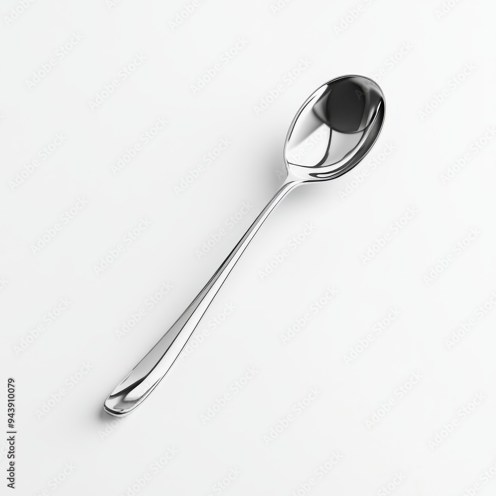 Poster a 3d simple style icon of a polished silver ladle floating above a white background symbolizing kitc