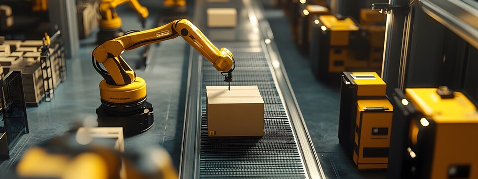 A high-tech factory floor with robotic arms neatly arranged, carrying out precise cardboard packaging in an industrial setting. The scene is captured from above, showcasing the advanced technology