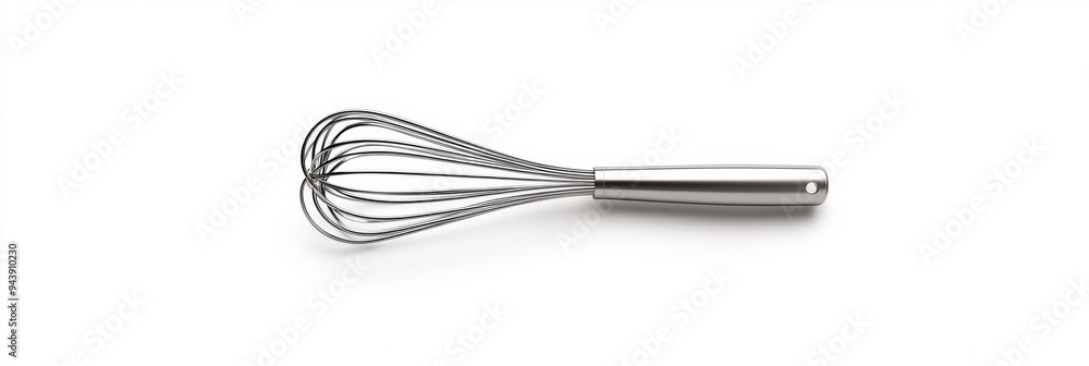 Poster a 3d simple style icon of a shiny metal whisk resting on a clean white background representing bakin