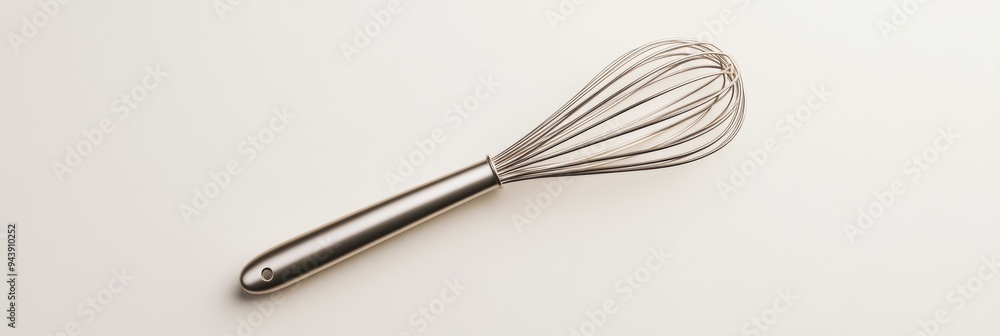 Poster a 3d simple style icon of a shiny metal whisk resting on a clean white background representing bakin