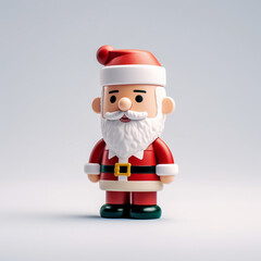 A 3D illustration of a cheerful Santa Claus figurine on a light gray background. Concept of Christmas, holidays, festive character.