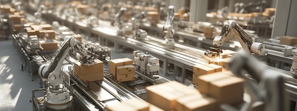 A high-tech factory floor with robotic arms neatly arranged, carrying out precise cardboard packaging in an industrial setting. The scene is captured from above, showcasing the advanced technology